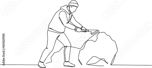 Single line illustration of a man using a saw on a pile of somet