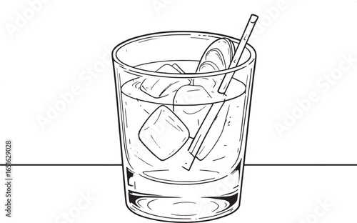 Illustration of a Sazerac cocktail with ice, straw, and lemon pe