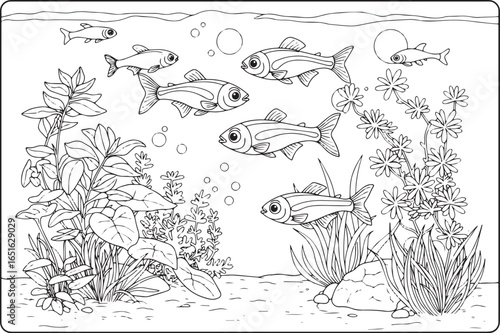 Neon Tetra Coloring Page: A Detailed Aquatic Scene with Bubbles