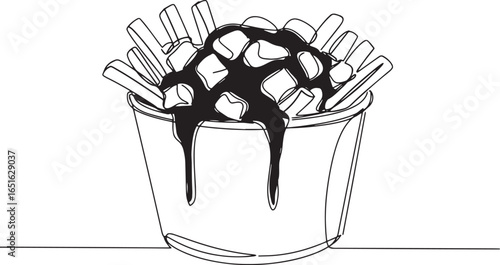 Continuous line drawing of delicious poutine in a paper cup illu