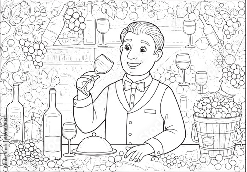 Elegant sommelier presenting fine wine in a stylized vintage res