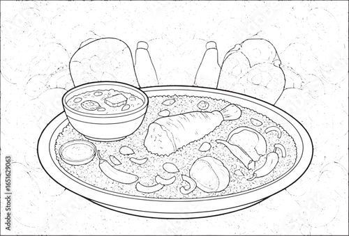 Detailed coloring page featuring traditional Turkmen Plov dish w