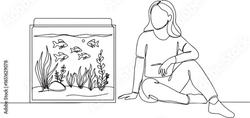 Woman admires her serene aquarium in a single continuous line dr