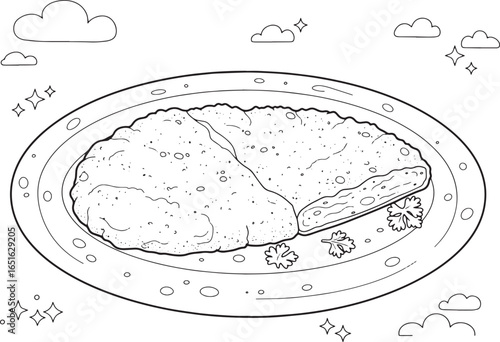 Delightful Austrian Schnitzel Sketch Drawing on Platter with Clo