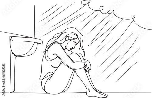 Single line drawing of a woman expressing sadness during a rainy