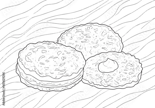 Illustrative latkes assortment with sour cream outline for culin