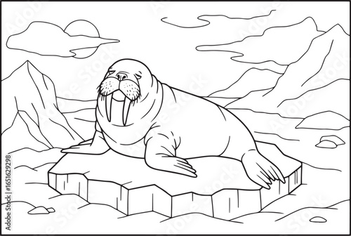 A line art illustration of a walrus resting on an ice floe in an