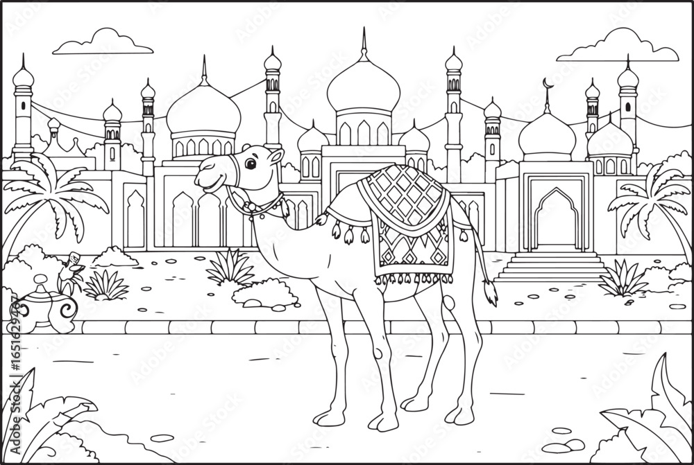 Naklejka premium Delightful camel coloring page with ornate saddle and detailed a