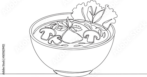 Continuous line art of tom kha gai soup, traditional thai coconu