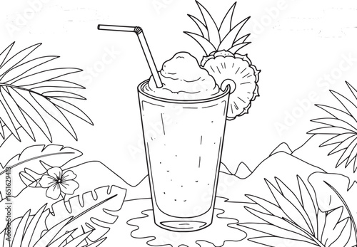 Exotic Line Art: Refreshing Pineapple Daiquiri Amidst Tropical F