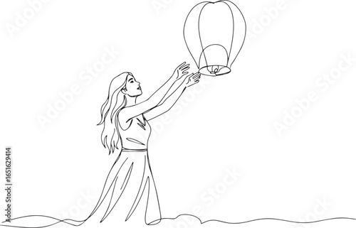 Elegant line art depicting a woman releasing a sky lantern into