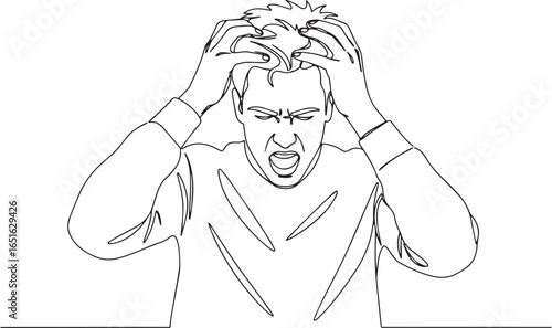 Line art illustration portraying a man in distress and emotional