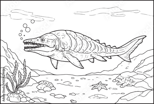 Line drawing of a prehistoric dunkleosteus fish swimming in an a
