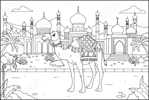 Delightful camel coloring page with ornate saddle and detailed a