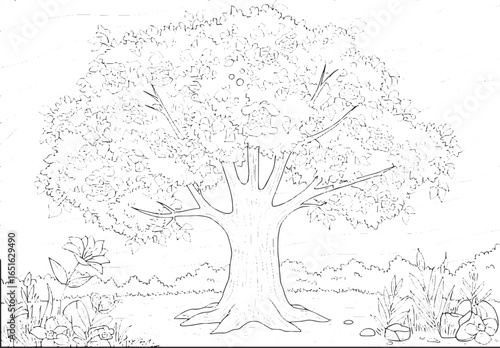 Detailed line drawing of a Catalpa tree and flowerbed in full bl
