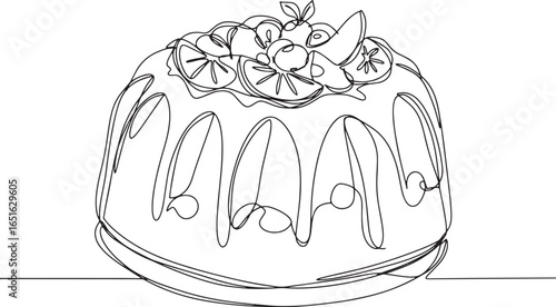 Single line drawing of a celebratory fruitcake, a delightful art