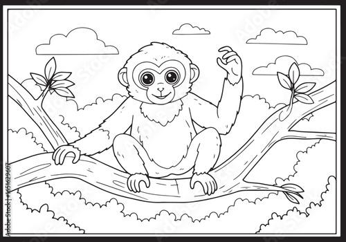 Smiling Cartoon Gibbon Monkey on Tree Branch Fun Animal Coloring