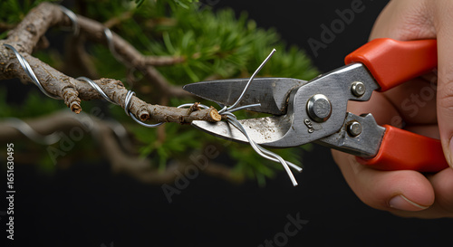 Close-up of hands cutting shaping wire from a bonsai tree branch with wire cutters during maintenance.