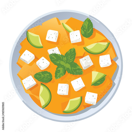 Creamy Melon Soup Topped with Feta Cheese and Mint - Vector Illustration