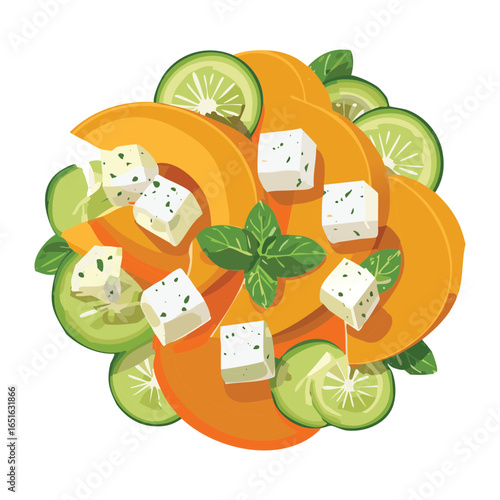 Fresh Cantaloupe Salad with Feta and Cucumber Slices - Vector Illustration