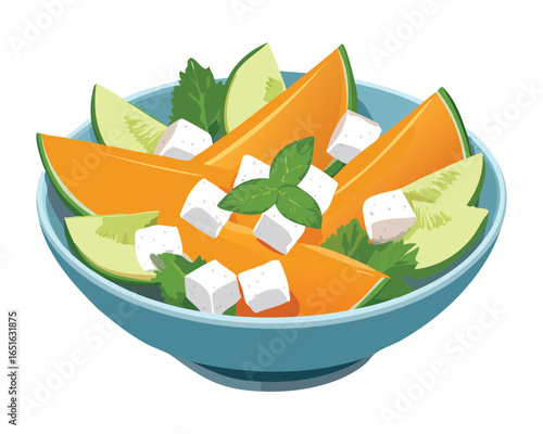 Cantaloupe and Cucumber Salad with Feta Cheese in a Blue Bowl - Vector Illustration

