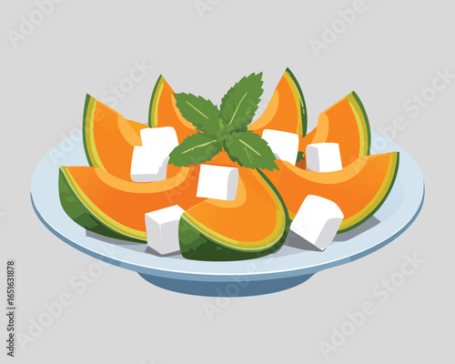 Fresh Melon Salad with Feta Cheese and Mint on a Plate - Vector Illustration