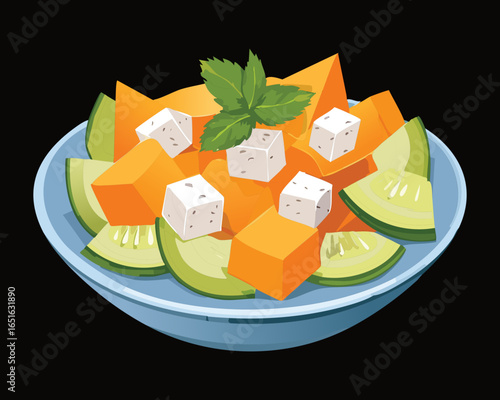 Delicious Fruit Salad with Melon, Cheese, and Mint Leaves - Vector Illustration