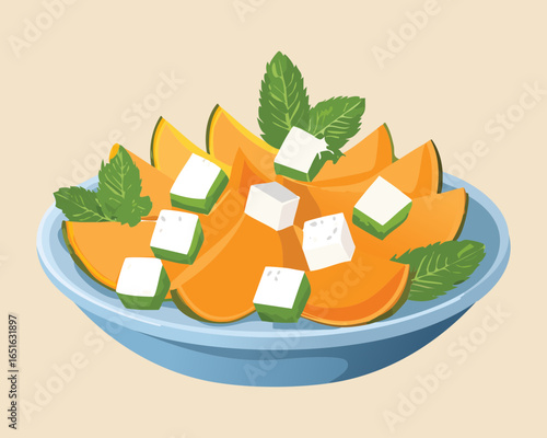 Fresh Melon and Feta Cheese Salad on a Blue Plate - Vector Illustration