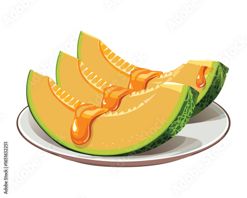  Fresh Melon Slices Drizzled with Syrup on a Plate - Vector Illustration