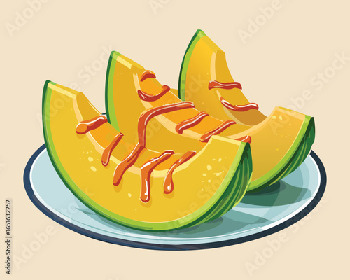 Fresh Cantaloupe Slices with Honey Drizzle - Vector Illustration