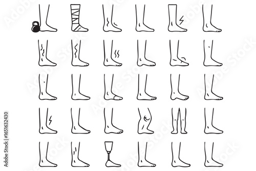 Medical foot and leg icons showing injuries, swelling, and treatments with bandages, highlighting different foot conditions liposuction healthcare lineart