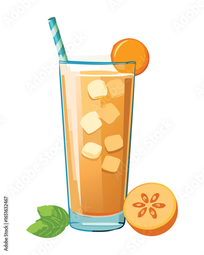A Tall Glass of Sweet Iced Drink with Orange Slice - Vector Illustration