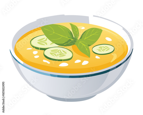 A Bowl of Cold Cantaloupe and Cucumber Soup - Vector Illustration