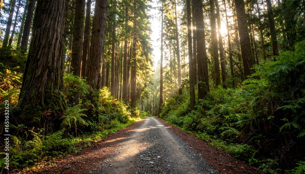 Obraz premium Sunlight streams through a redwood forest on a gravel road.