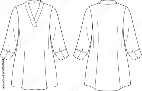 tunic front and back view, cad drawing flat vector illustration, v‑neck three quarter sleeves, decorative cuff trim, flowing hemline, garment construction, apparel design