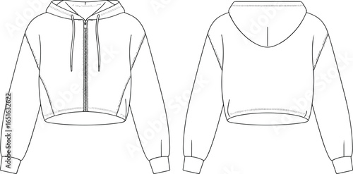 cropped hoodie front and back view, cad drawing flat vector illustration, zip front closure, drawstring hood, long sleeves cuffs, casual garment construction, apparel design template