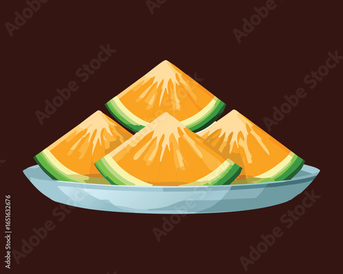 Juicy cantaloupe wedges on a plate, ready to be served and enjoyed - Vector Illustration