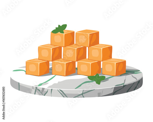 A tall pyramid of delicious, perfectly cubed cantaloupe pieces on a plate - Vector Illustration