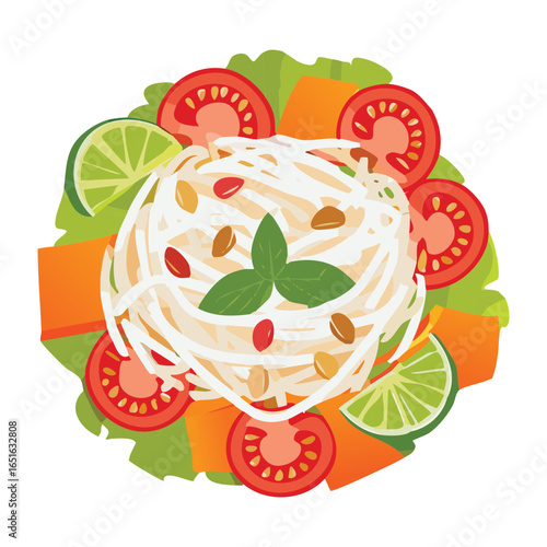 A delightful melon salad with fresh herbs, tomatoes, and lime slices - Vector Illustration