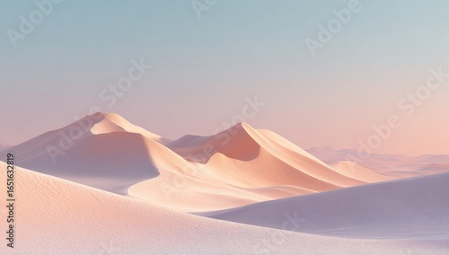 Soft, pastel-hued desert landscape at sunrise, featuring gently rolling sand dunes under a pale sky