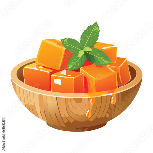 A bowl of perfectly diced melon cubes with mint, ready to be eaten - Vector Illustration