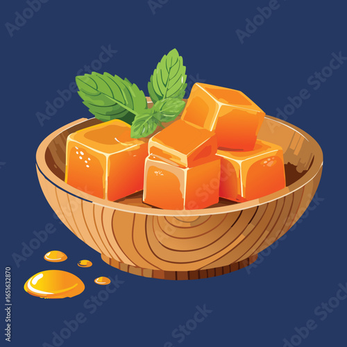 A rustic wooden bowl filled with delicious and perfectly cubed cantaloupe - Vector Illustration