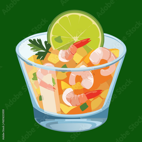 A fresh and vibrant shrimp ceviche with colorful ingredients in a glass bowl - Vector Illustration