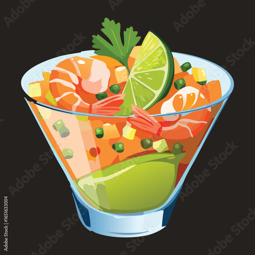 A beautiful clear glass bowl of shrimp ceviche on a dark background - Vector Illustration