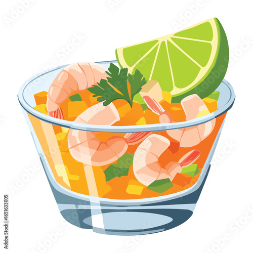 A vibrant and fresh bowl of shrimp ceviche with corn and lime - Vector Illustration