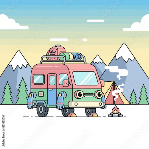 Cute Mecha Adventure Transportation Robot Camping Amidst Mountains