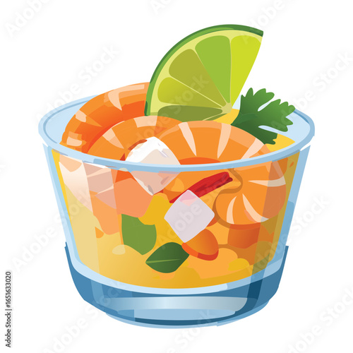 A clear glass bowl of delicious shrimp cocktail with fresh lime and corn - Vector Illustration