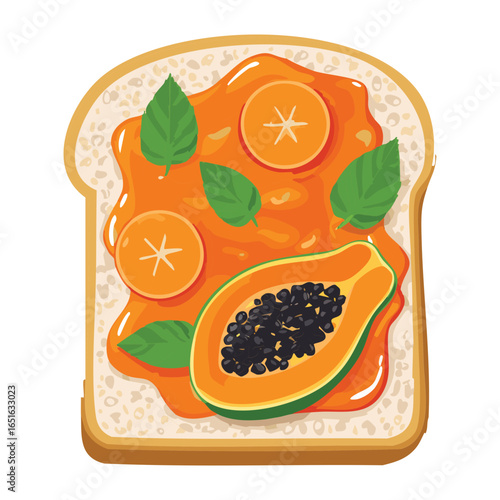 A healthy breakfast toast with papaya slices and mint leaf garnish - Vector Illustration