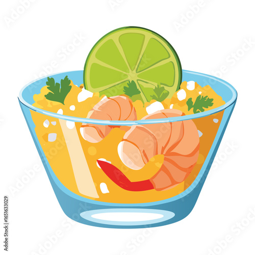 A refreshing glass bowl of shrimp ceviche with lime slices and cilantro - Vector Illustration
