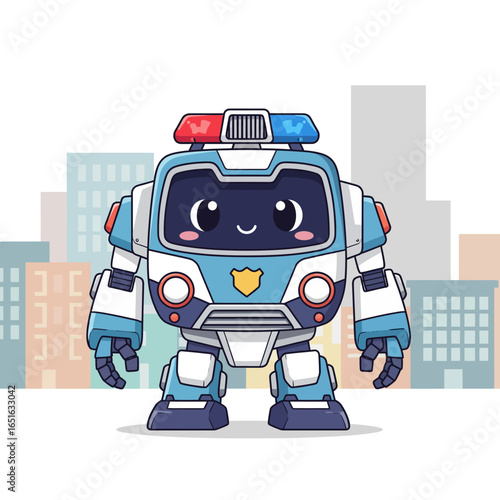 Cute law enforcement mecha robot designed for urban transportation and public safety in a modern city